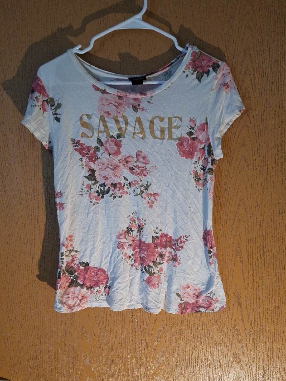Rue21 White Tee with Pink Floral Print and Gold 'SAVAGE' Logo